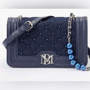 Badgley Mischka Denim Quilted/Pearl Turn-Lock Closure Crossbody